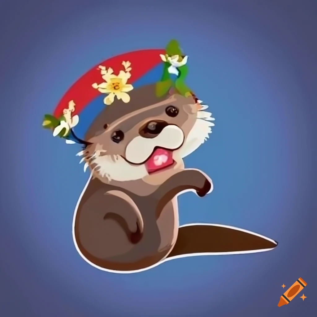 Cute otter with a flower crown holding a Slovak flag