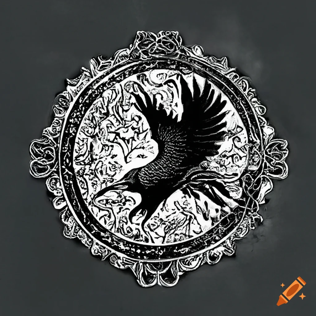 Crow-shaped Classical Sigil with Yggdrasil tree on a stamp
