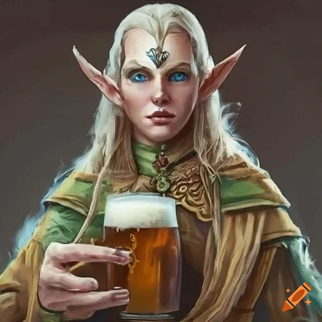 Warhammer style elven enjoying a beer