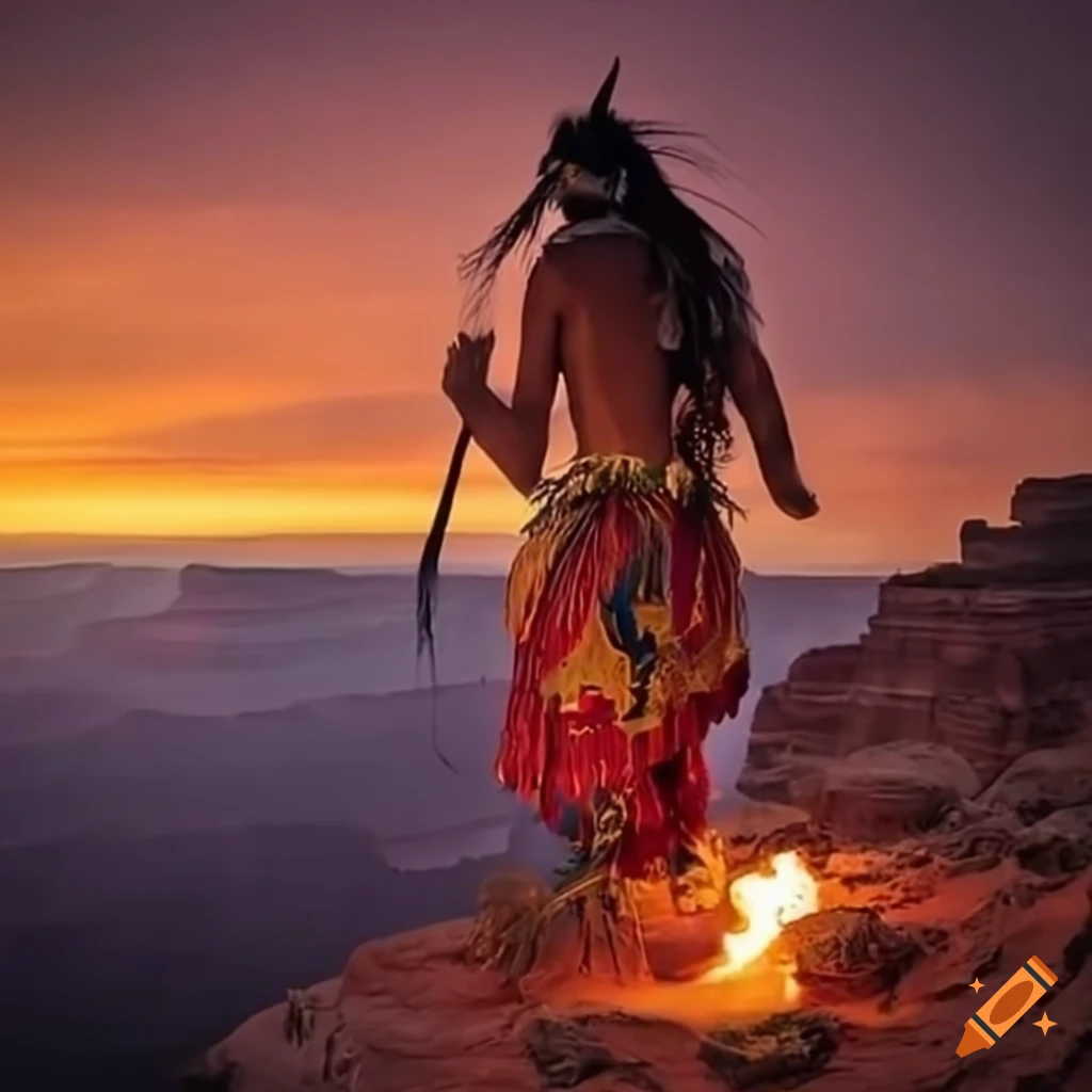 Shaman performing rituals at Grand Canyon during sunset