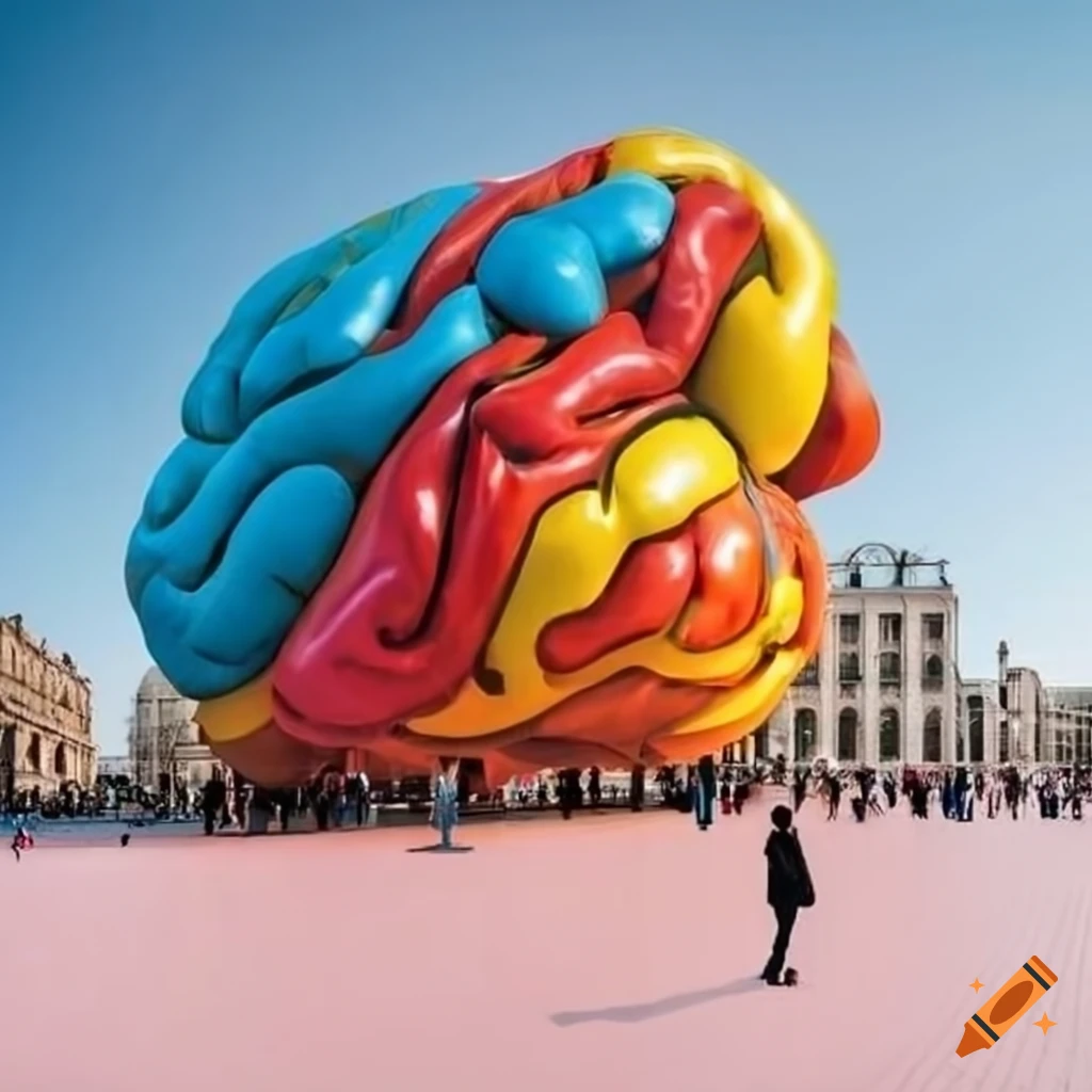 Colorful inflatable brain sculpture in a public square inspired by Ernesto Neto