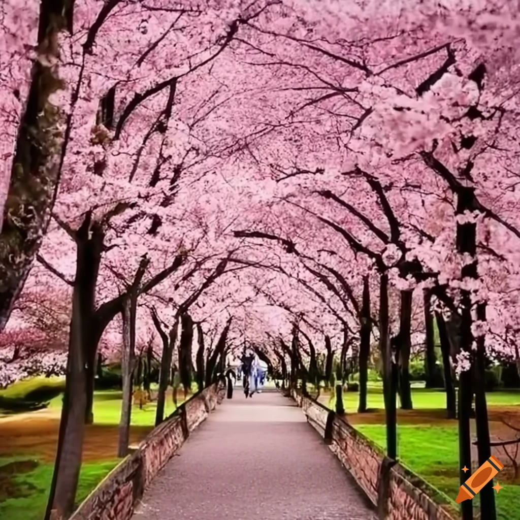 Japanese park with cherry blossom trees