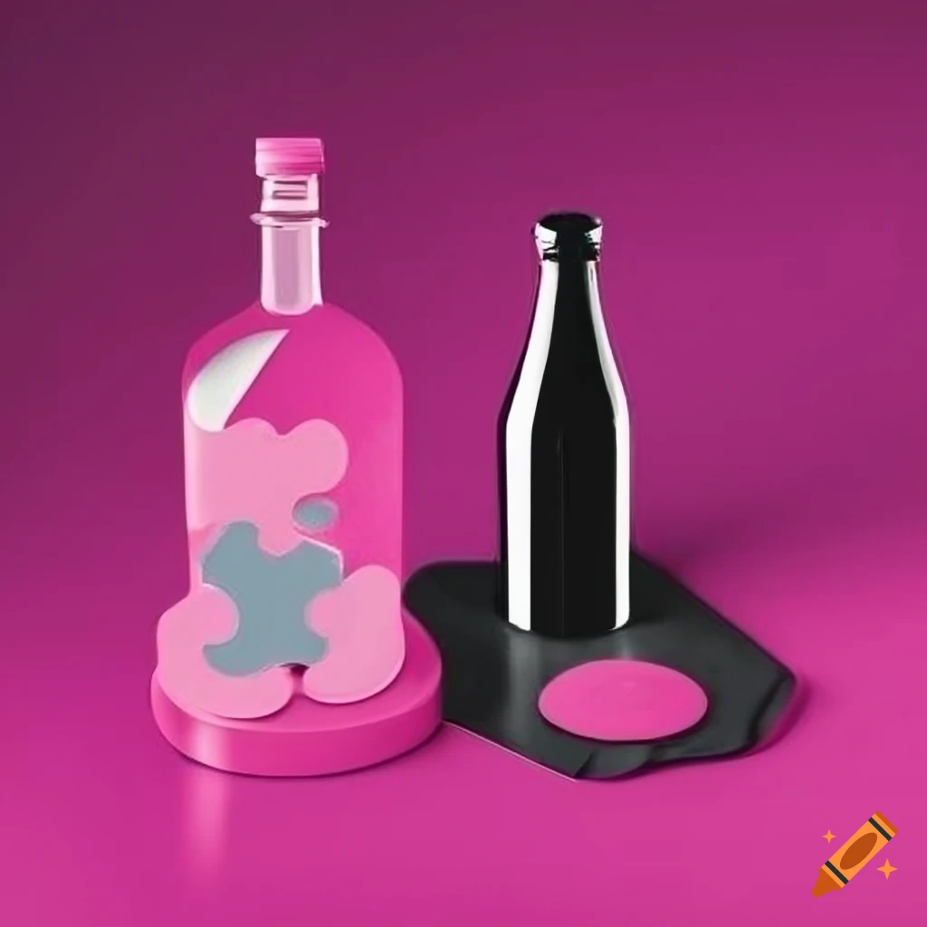 Advertising poster featuring puzzle-shaped coasters in pink and black with glasses and bottles