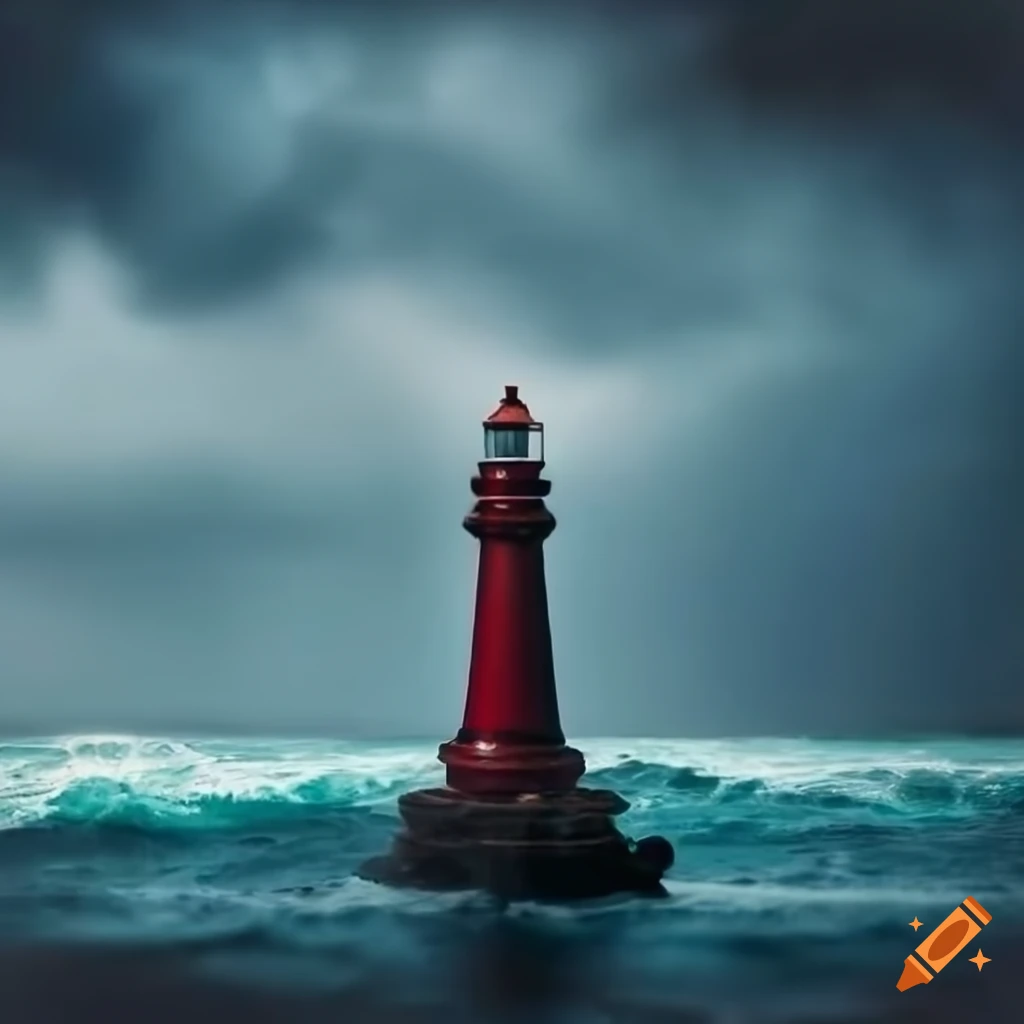 Intricate chess set figure resembling a lighthouse on a stormy seascape with crashing waves