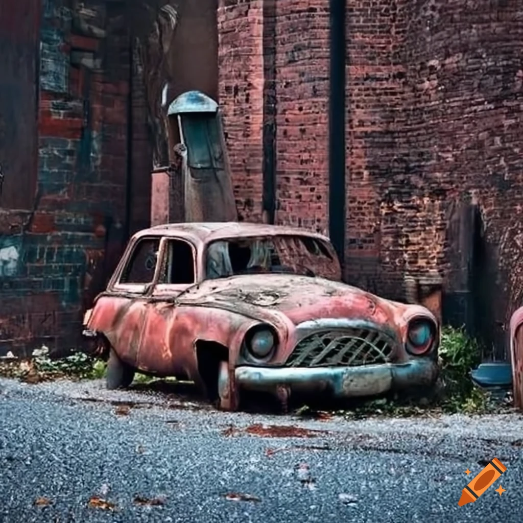 Old abandoned car next to a public trash receptacle in urban environment