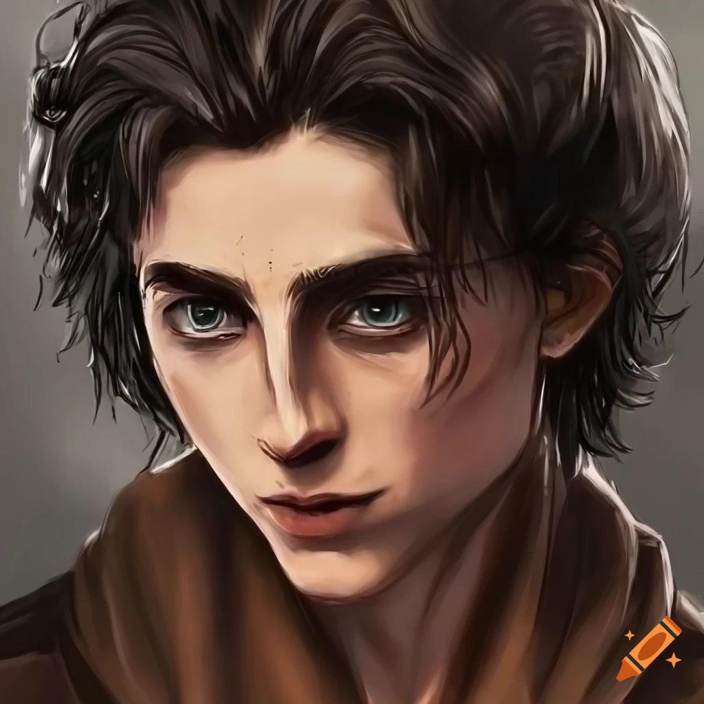 Timothée Chalamet as Eren Jaeger in a dramatic setting