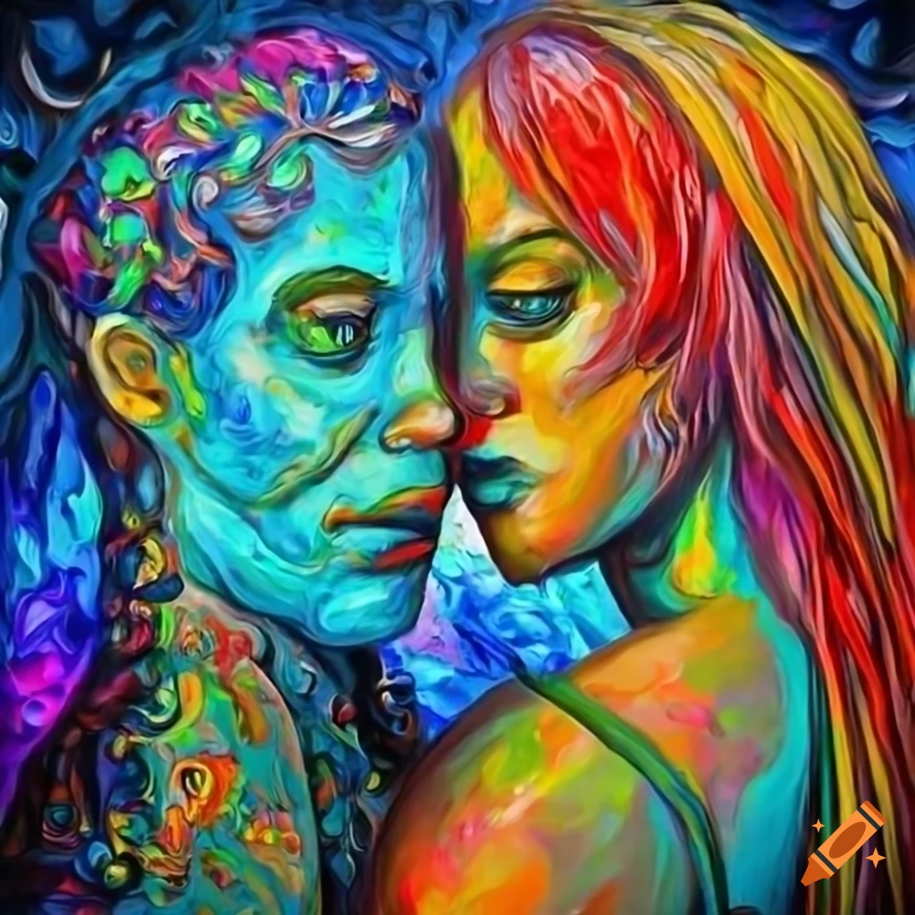 Psychedelic artwork of a man and woman in a cave