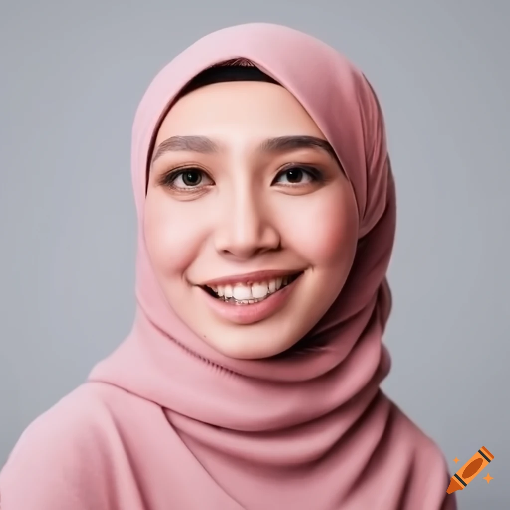 Smiling woman in hijab and pullover on light gray background