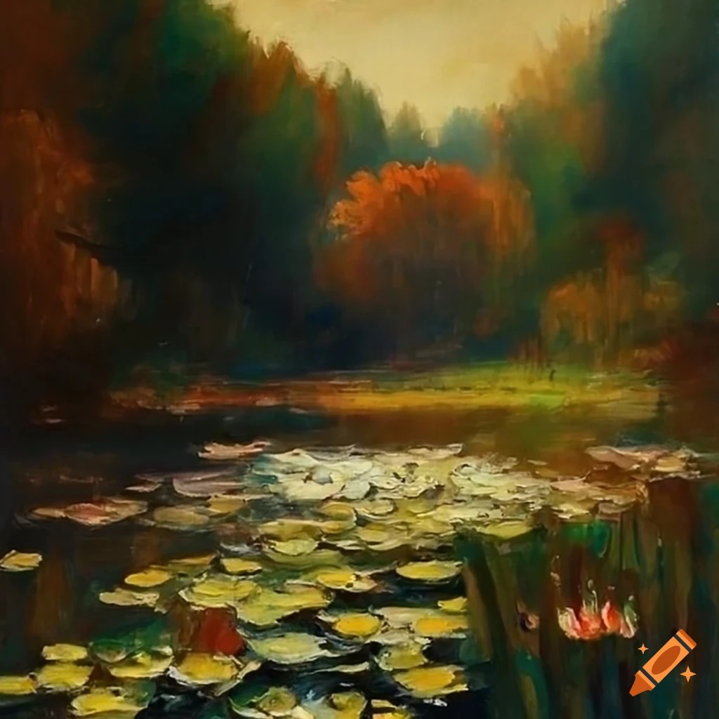 Impressionistic painting of Debussy amidst rolling hills and water lilies