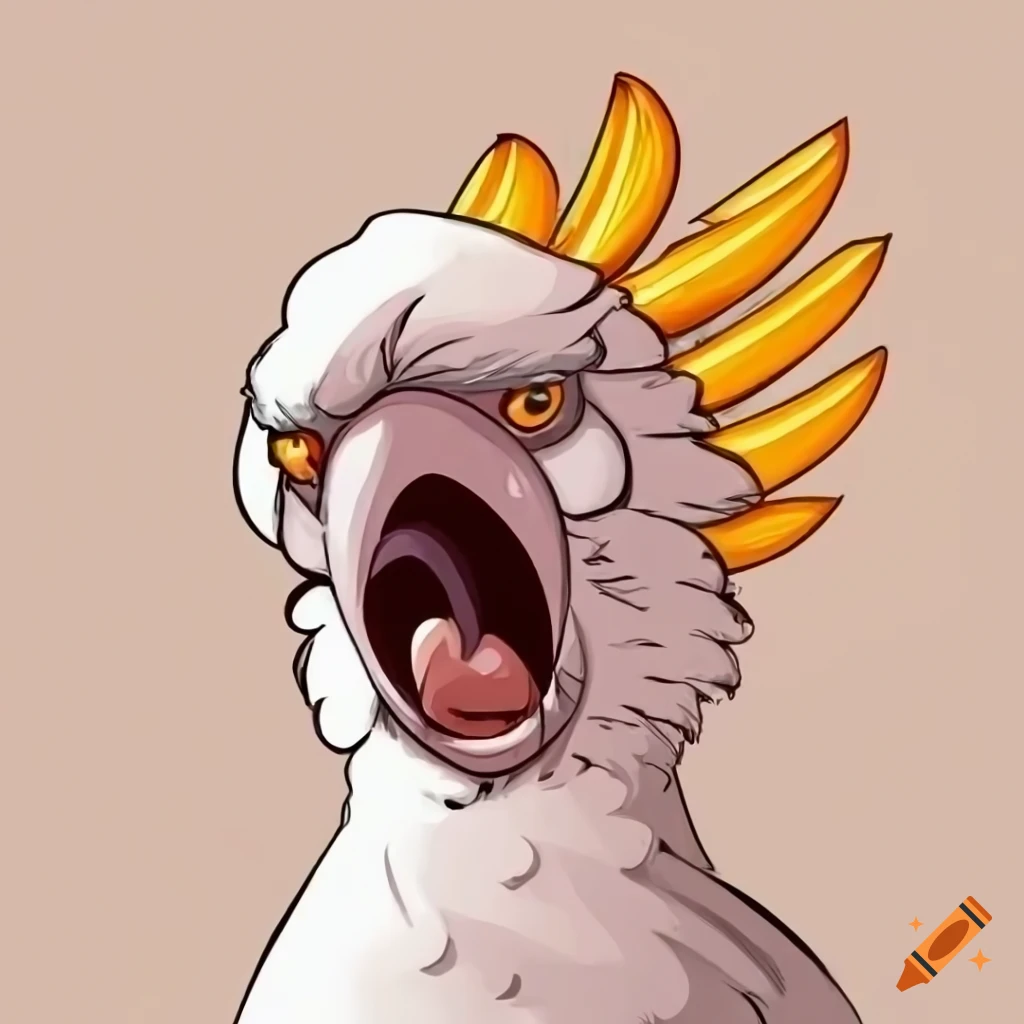 Angry yelling cockatoo in a cartoon outline style on Craiyon