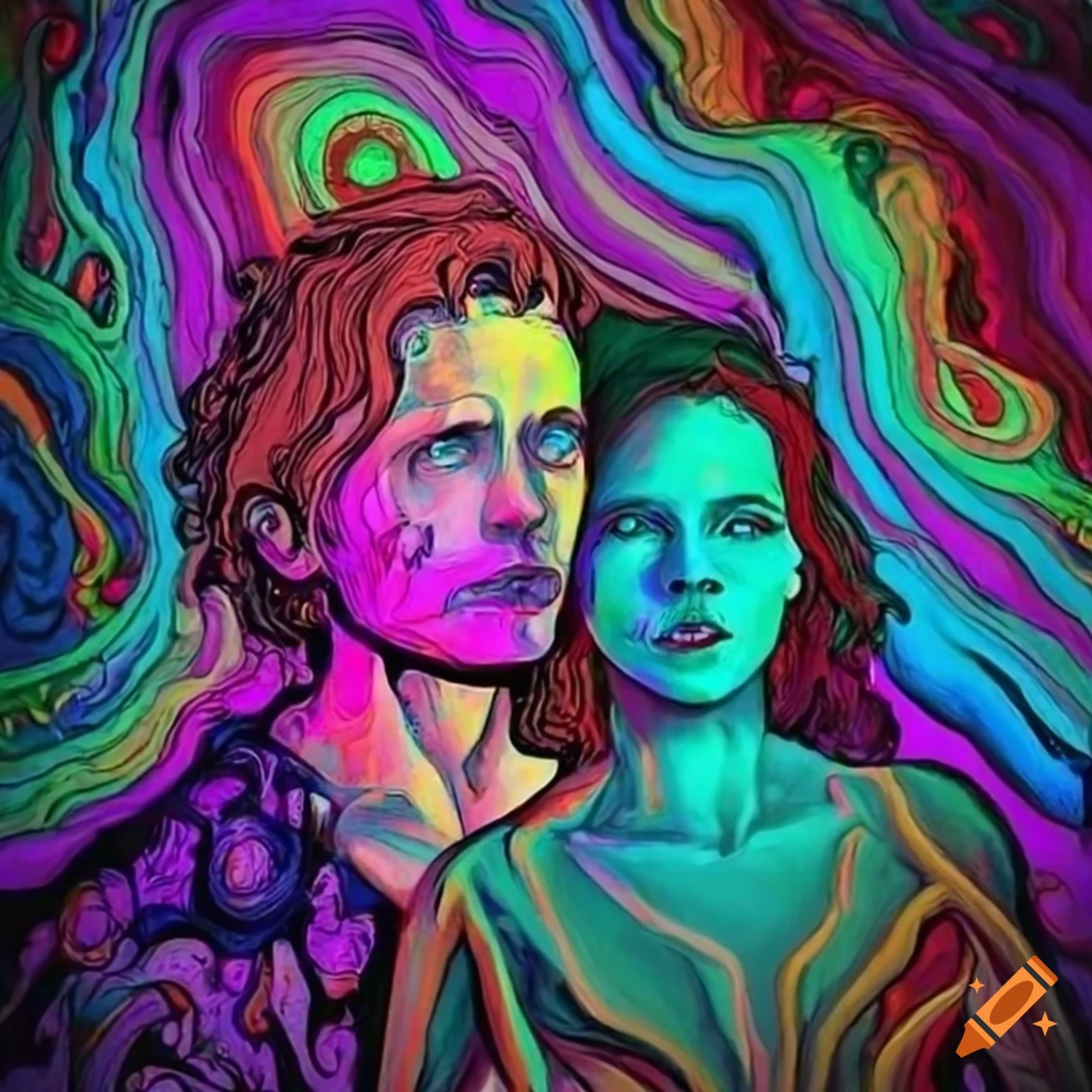 Psychedelic art of a man and woman in a cave