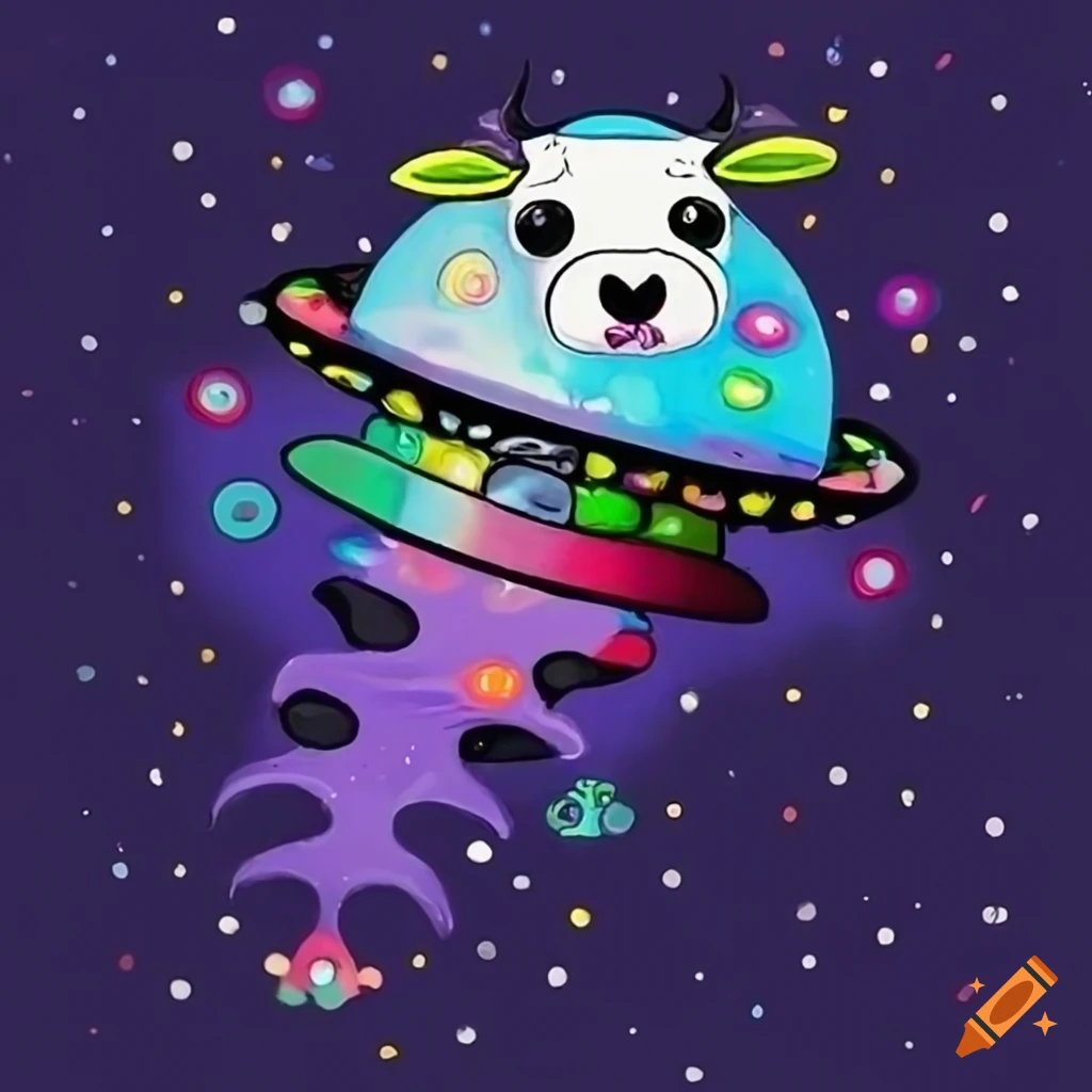 Whimsical black and white cow flying a UFO with Lisa Frank-inspired colors