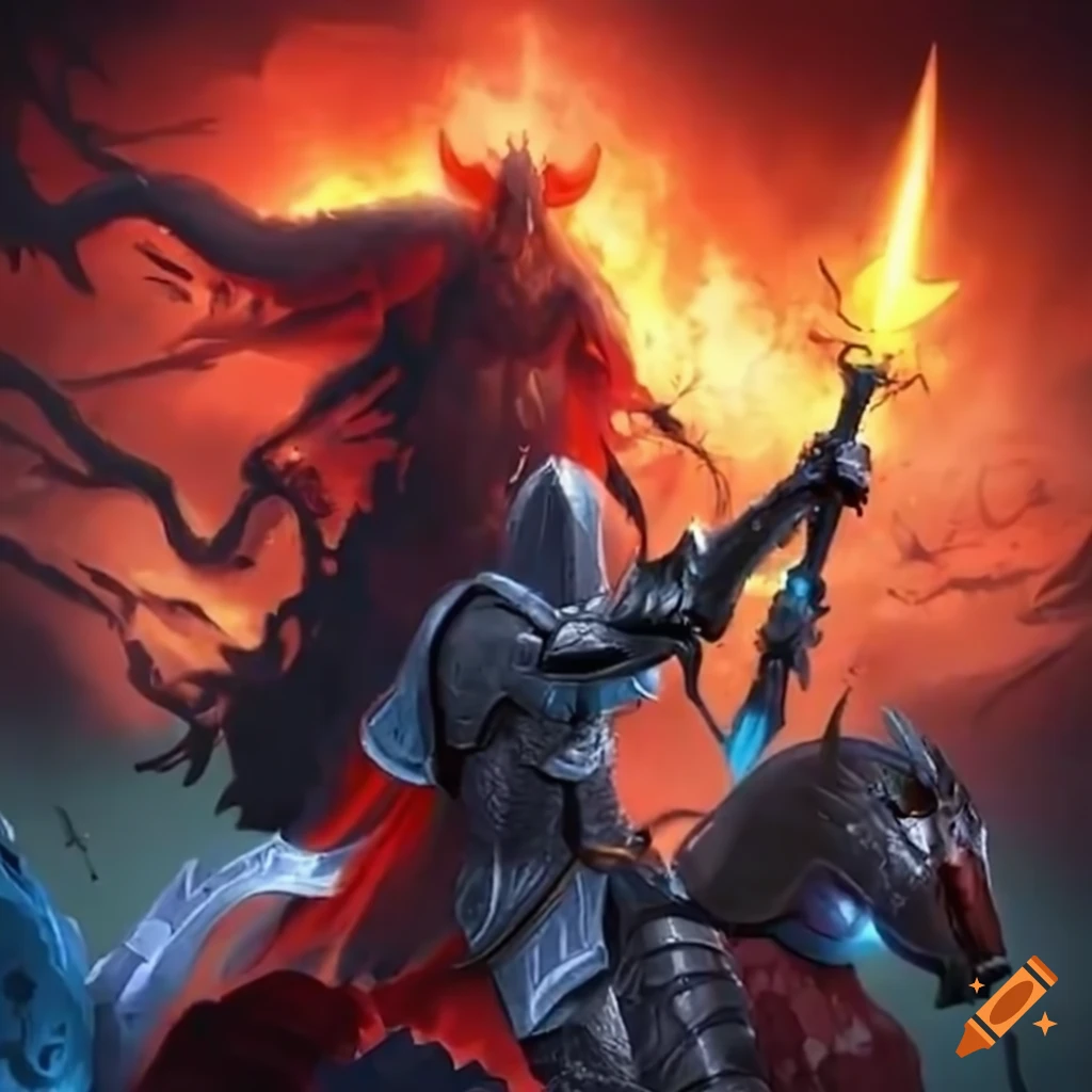 Epic battle between fiery red knight and icy blue knight on Craiyon