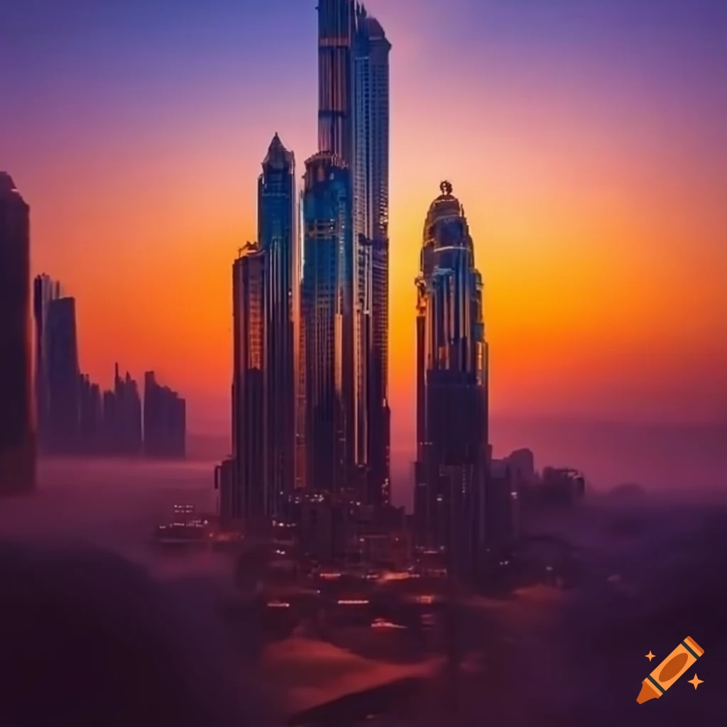 Cityscape of Dubai with snow-capped mountains at sunset
