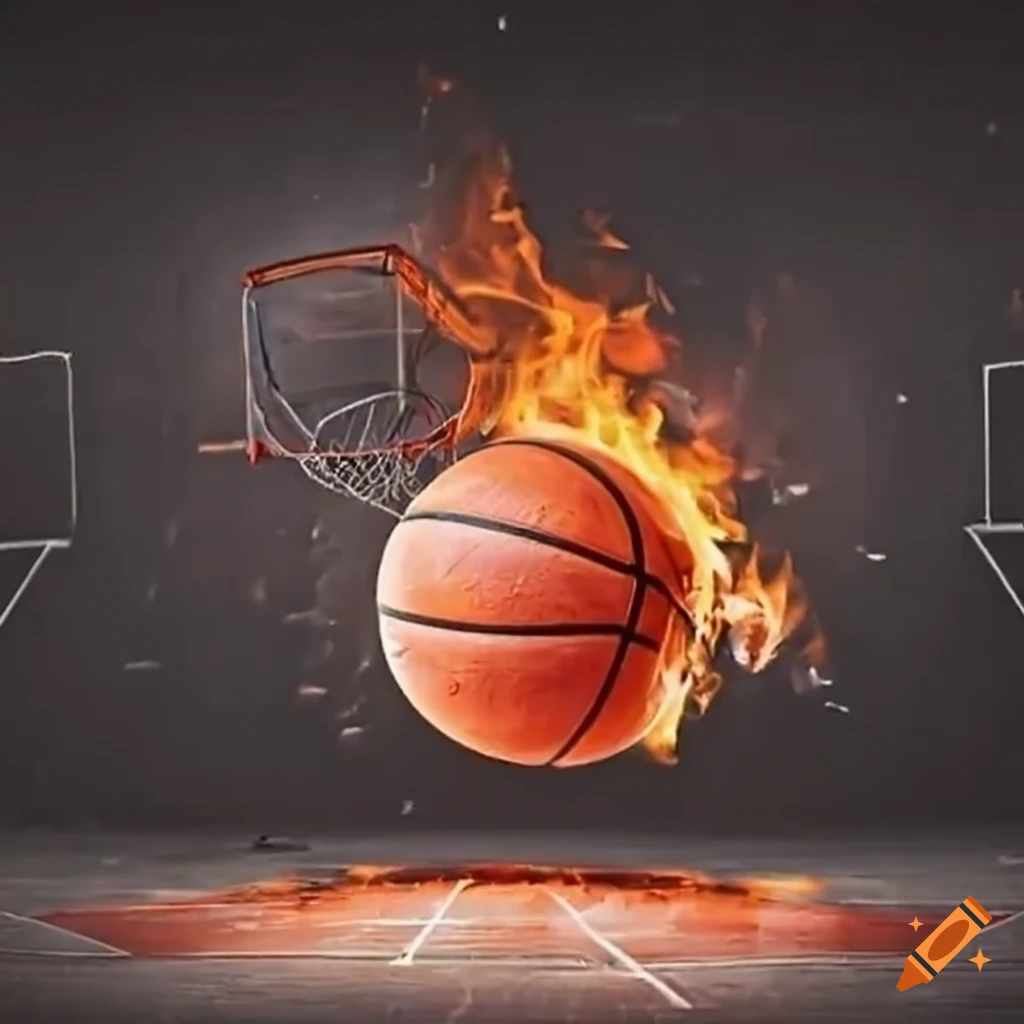Basketball court with flaming rim and basketballs falling from the sky