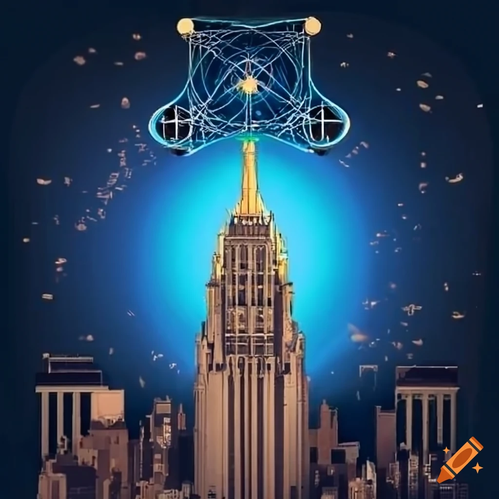 Metatron descending as a UAP above New York City Skyline in an isometric view