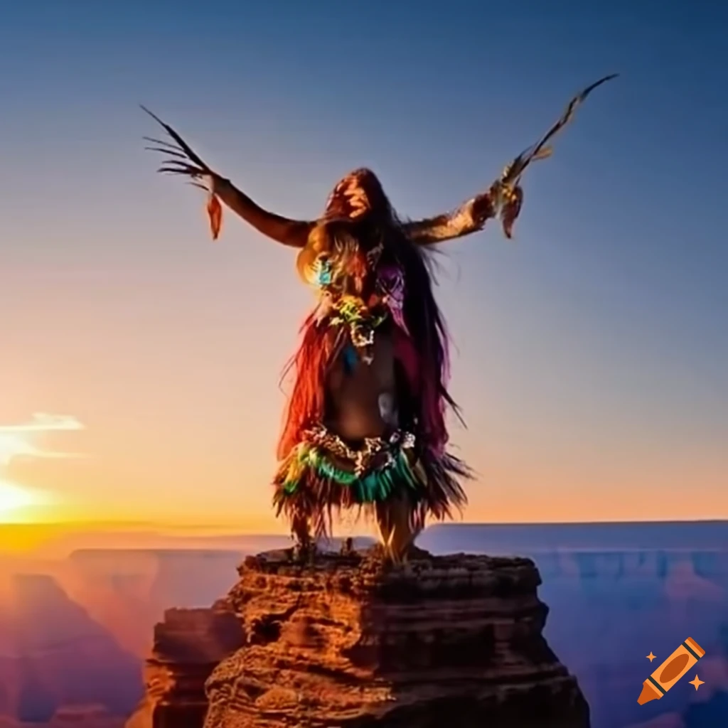 Shaman performing rituals at Grand Canyon during sunset