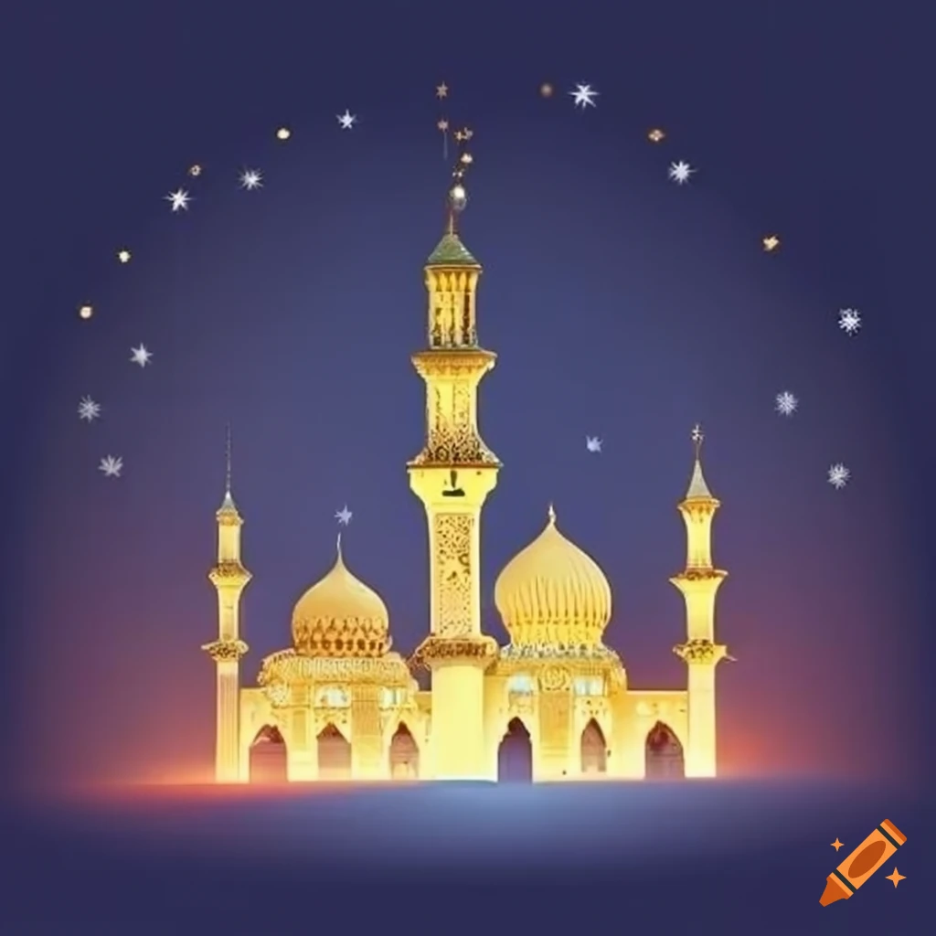 Ramadan wishes with a mosque, city, crescent moon, stars, blue background, silver and gold accents