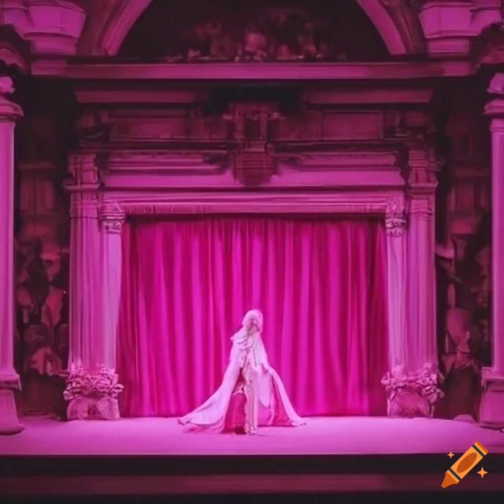 Realistic theater scene with actors in pink costumes performing a classical play
