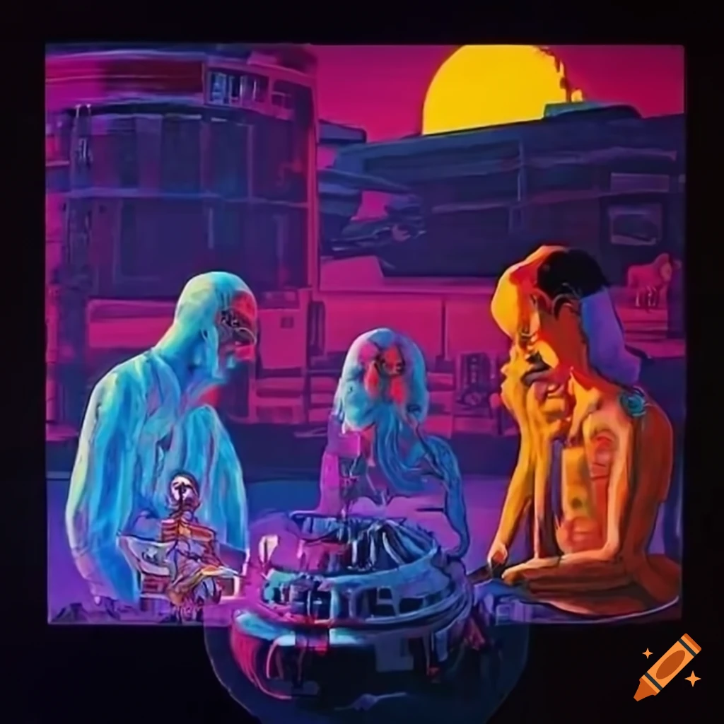 1970s epic vibrant chillwave utopian sci-fi art titled Flour Massacre