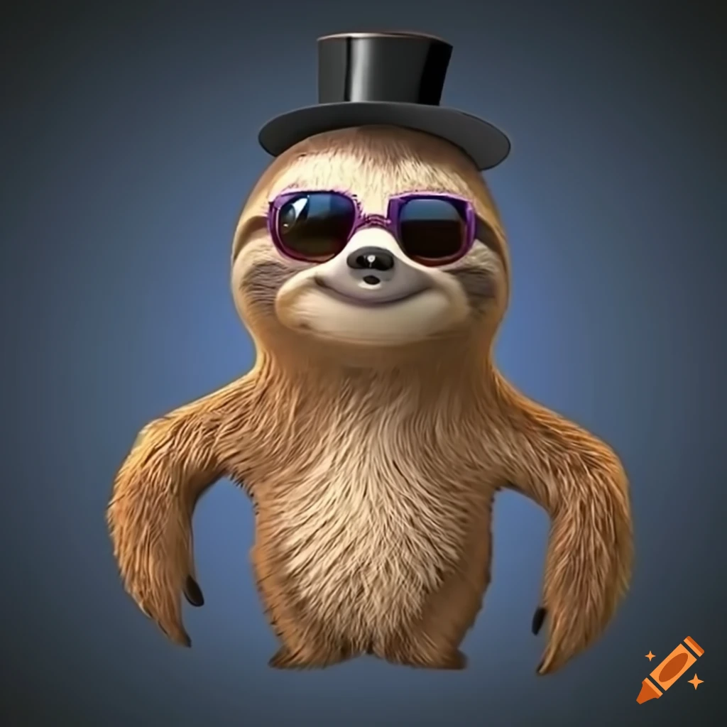 Spectacled Sloth HD 3D cartoon sloth with sunglasses and top hat on Craiyon
