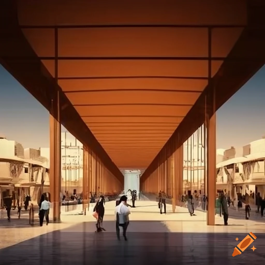 Architectural section of a fashion hub project inspired by Hassan Fathi in Egypt with environmental solutions for hot climate