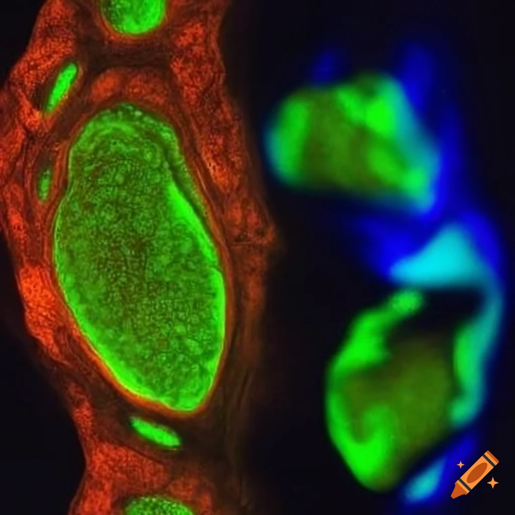 COS7 cells showing actin in green, golgi in red, and nucleus in blue under fluorescent microscopy