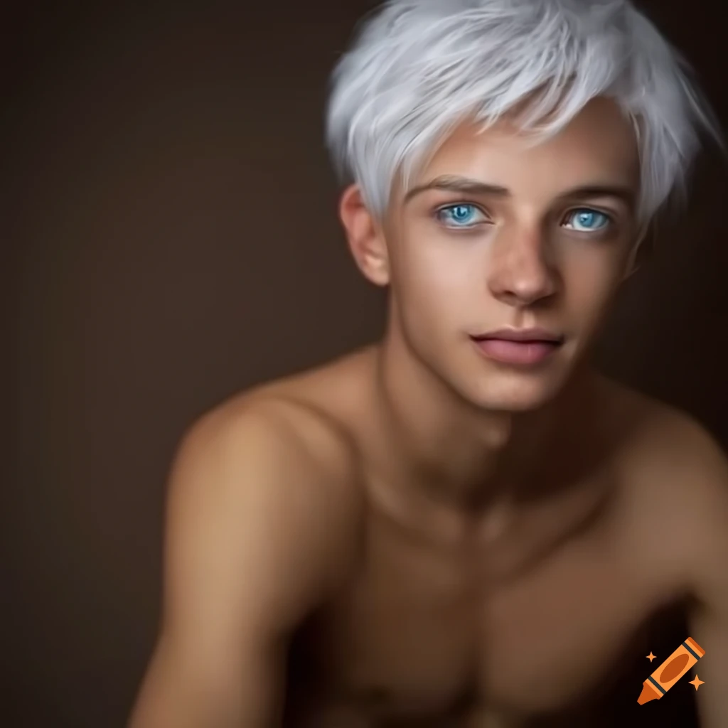 Relaxed young man with white hair and blue eyes in fantasy attire