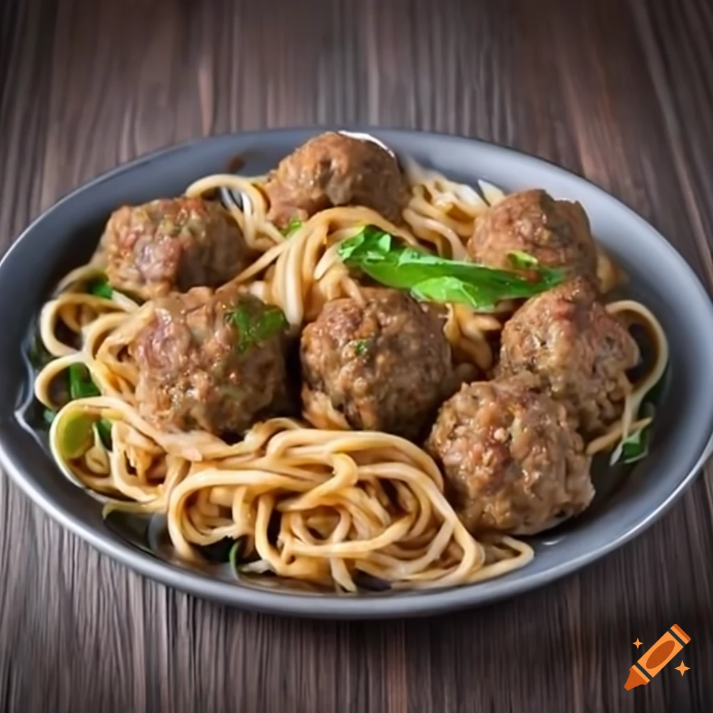 Noodles with meatballs in a big plate