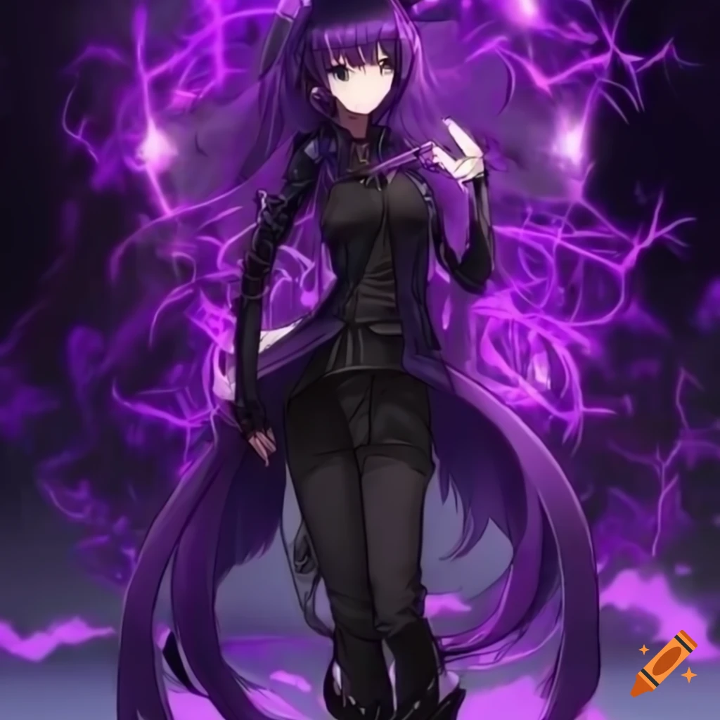 Anime character with very dark purple hair, tall combat boots, and a ...