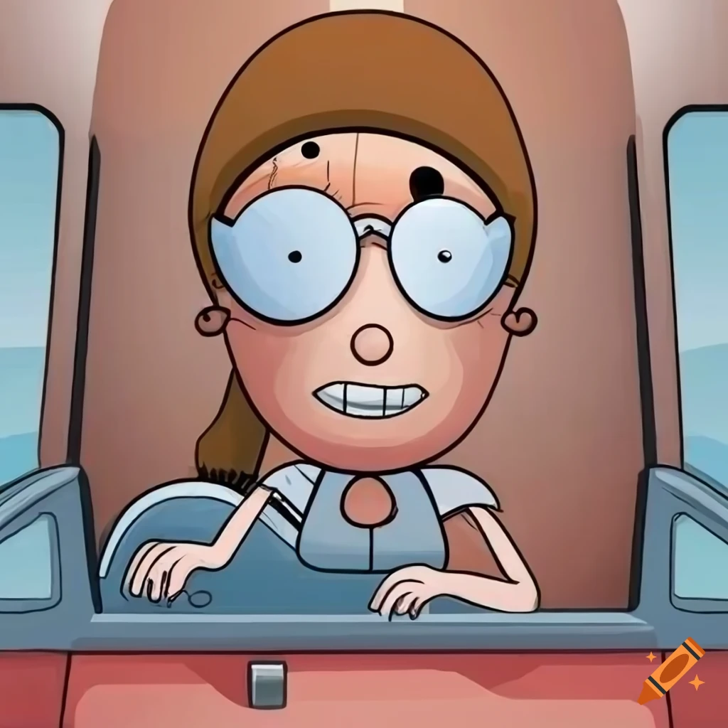 Colorful cartoon illustration of a female truck driver in a truck cabin