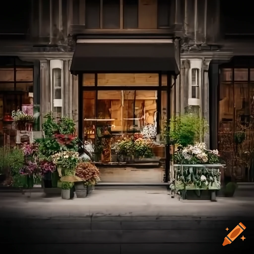 Urban flower store front in realistic detail, high resolution