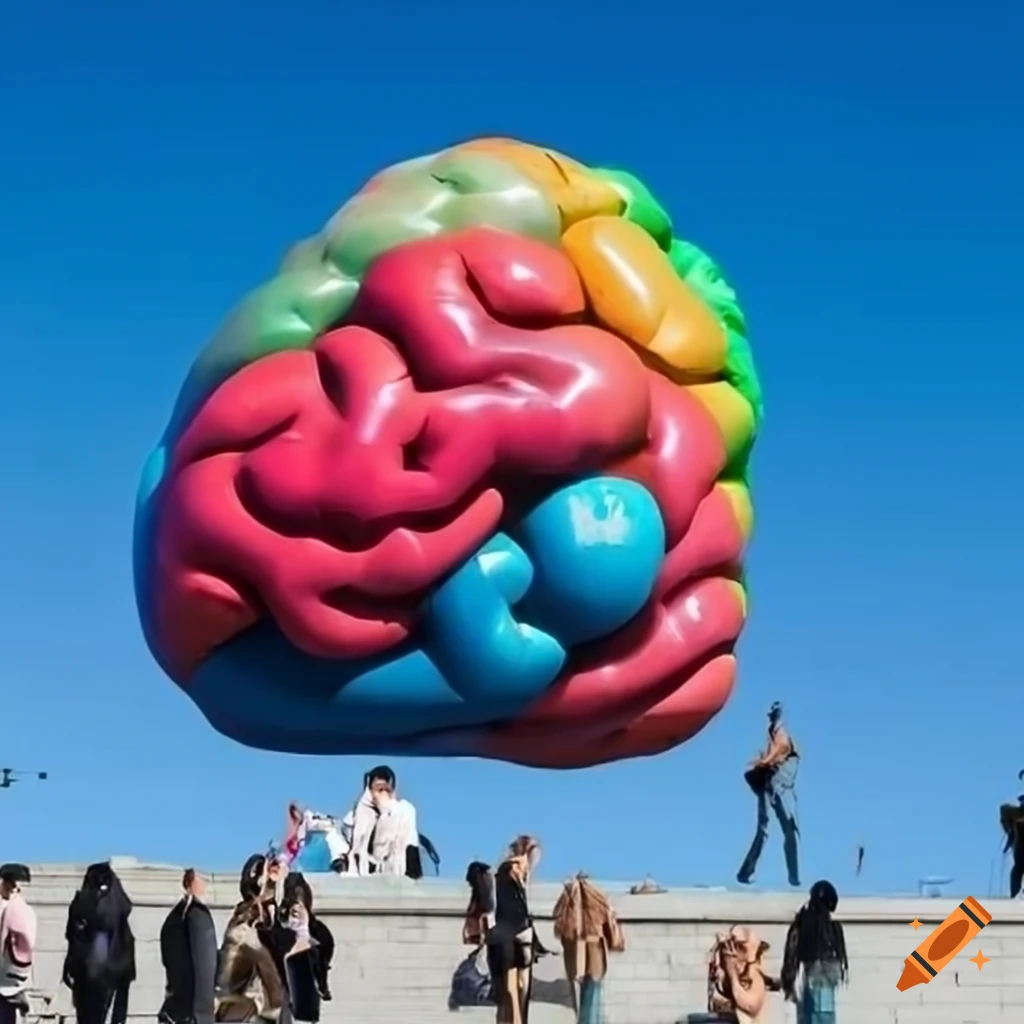 Colorful inflatable brain sculpture in a public square inspired by Ernesto Neto
