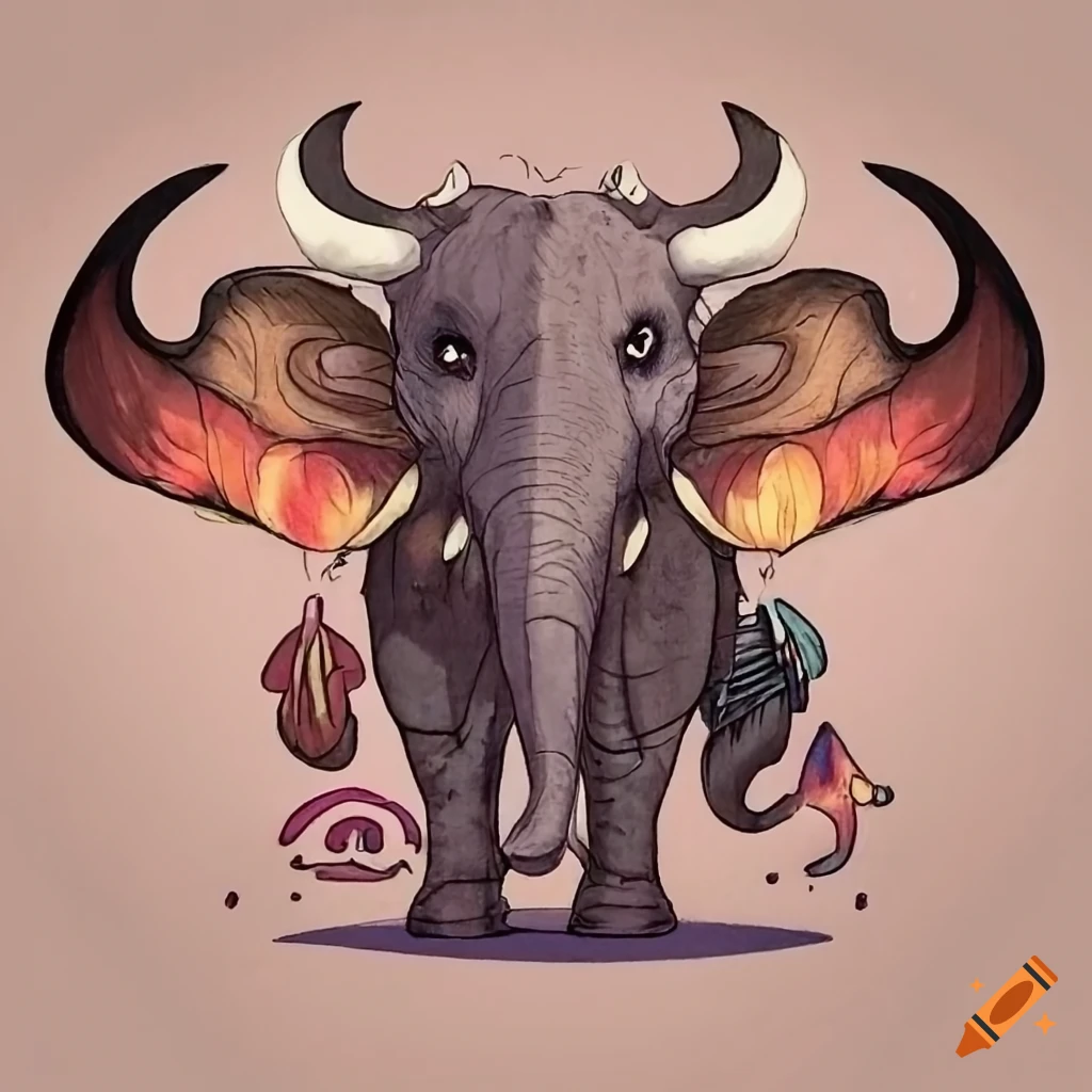 Unique creature with elephant trunk, buffalo horns, and butterfly wings
