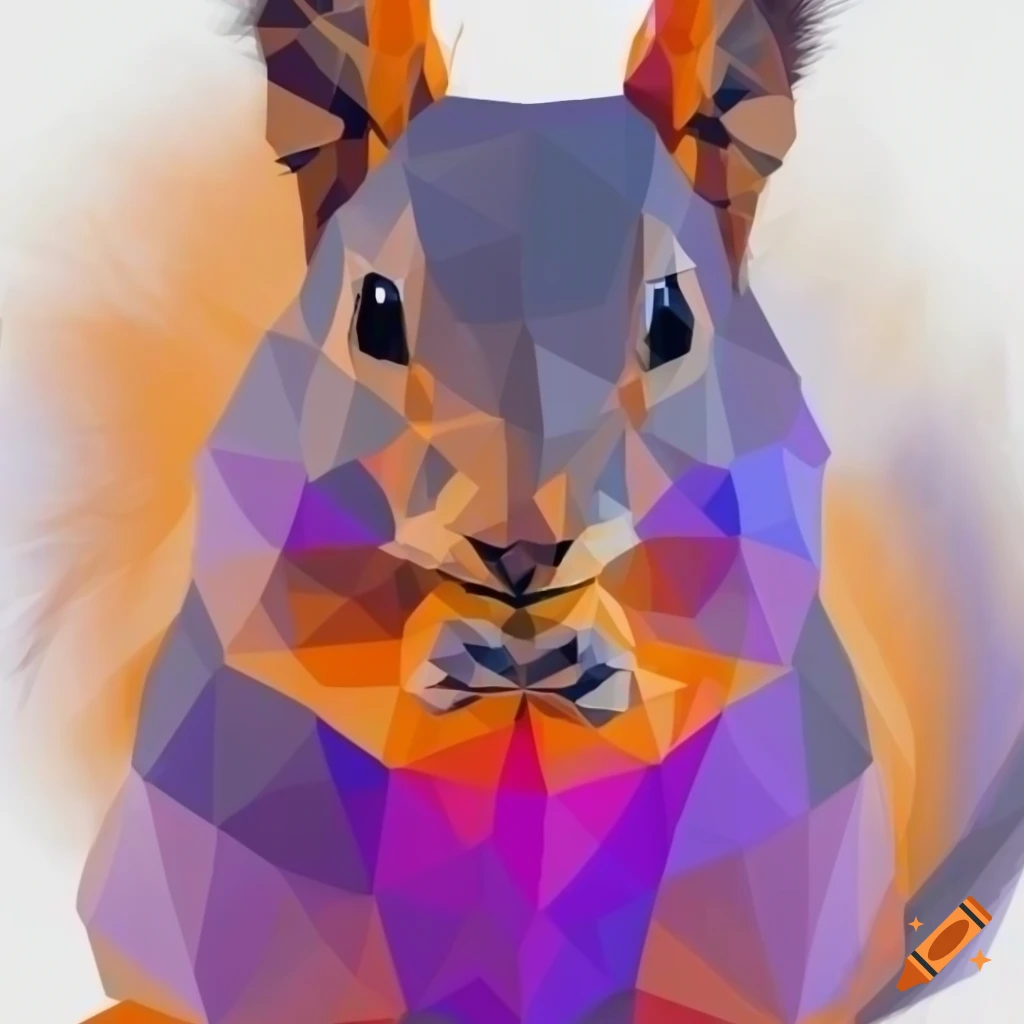 Red squirrel outline in low poly style with orange and purple fur on white background