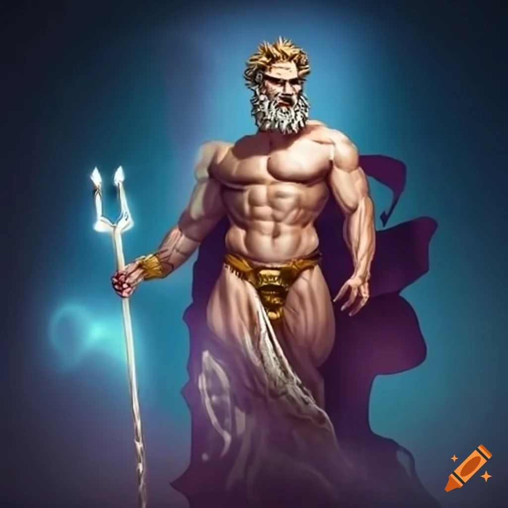 Muscular Zeus god surrounded by lightning with a trident