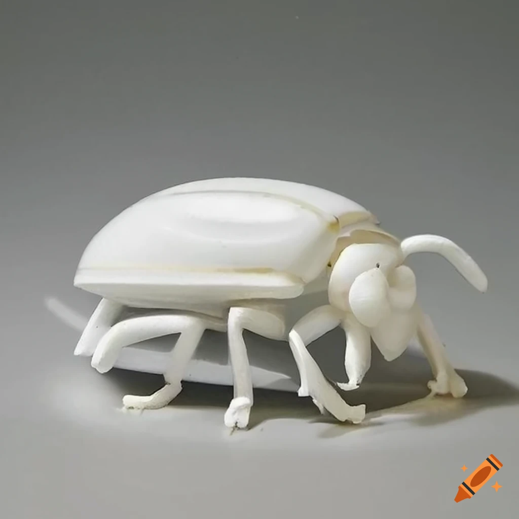 White marble beetle sculpture in bright gallery display
