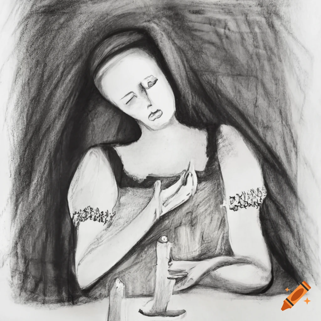 Mother in folk costume lighting a candle for her dying daughter in a charcoal drawing
