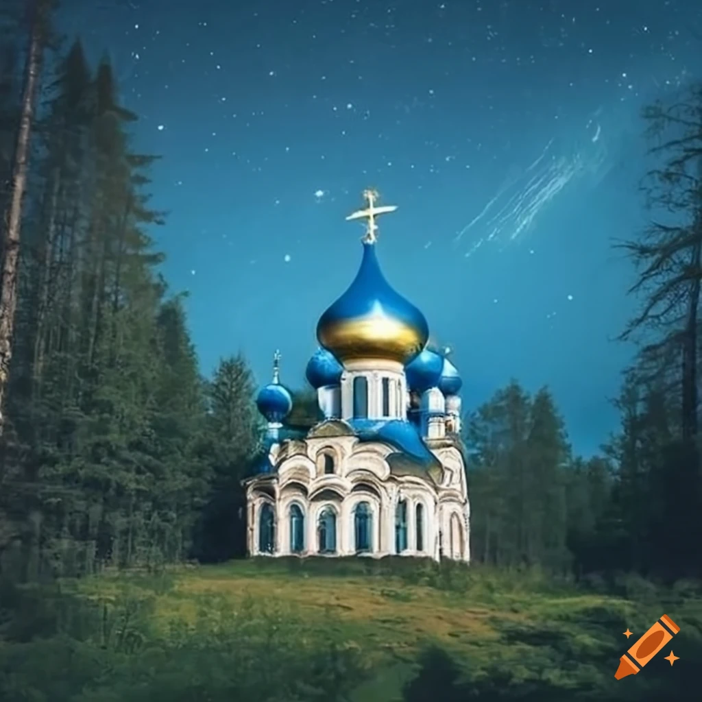 Russian Orthodox church with blue dome and stars by the river in a ...
