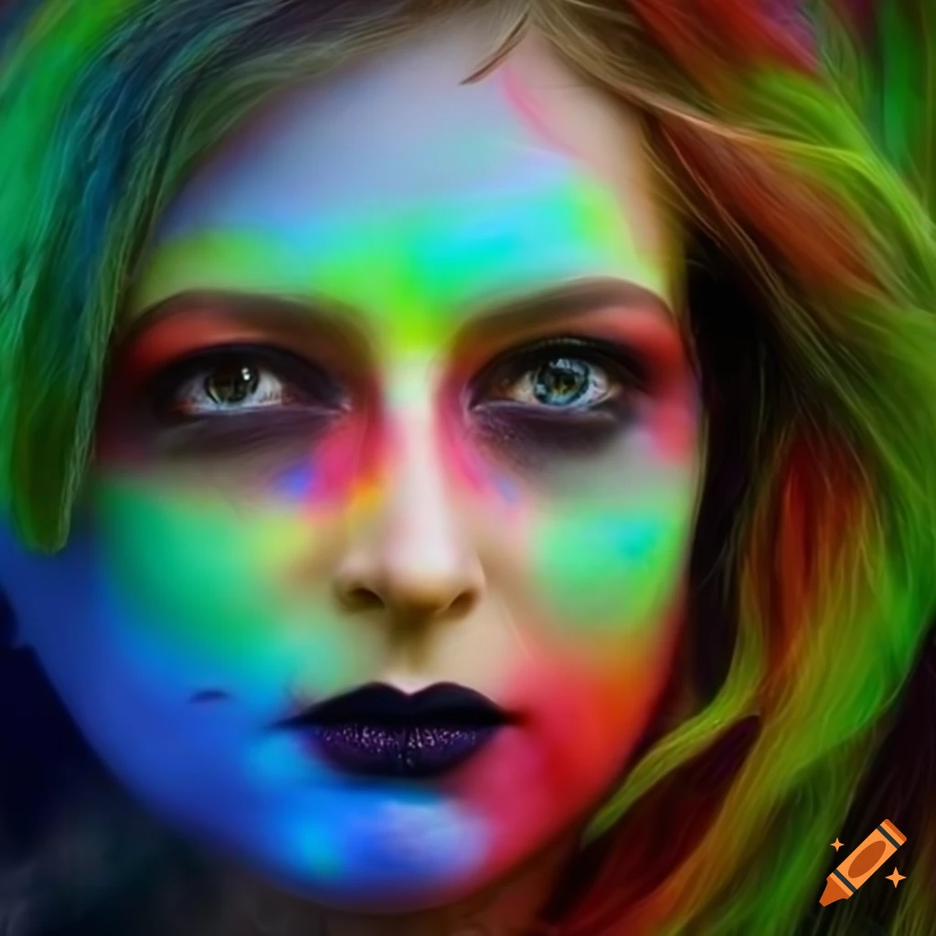 Colorful and surreal woman's face in a gothic forest setting