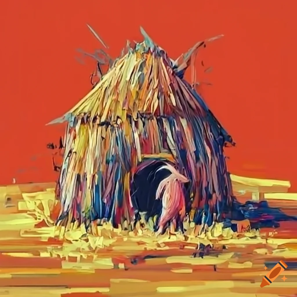 Pig in front of a straw hut