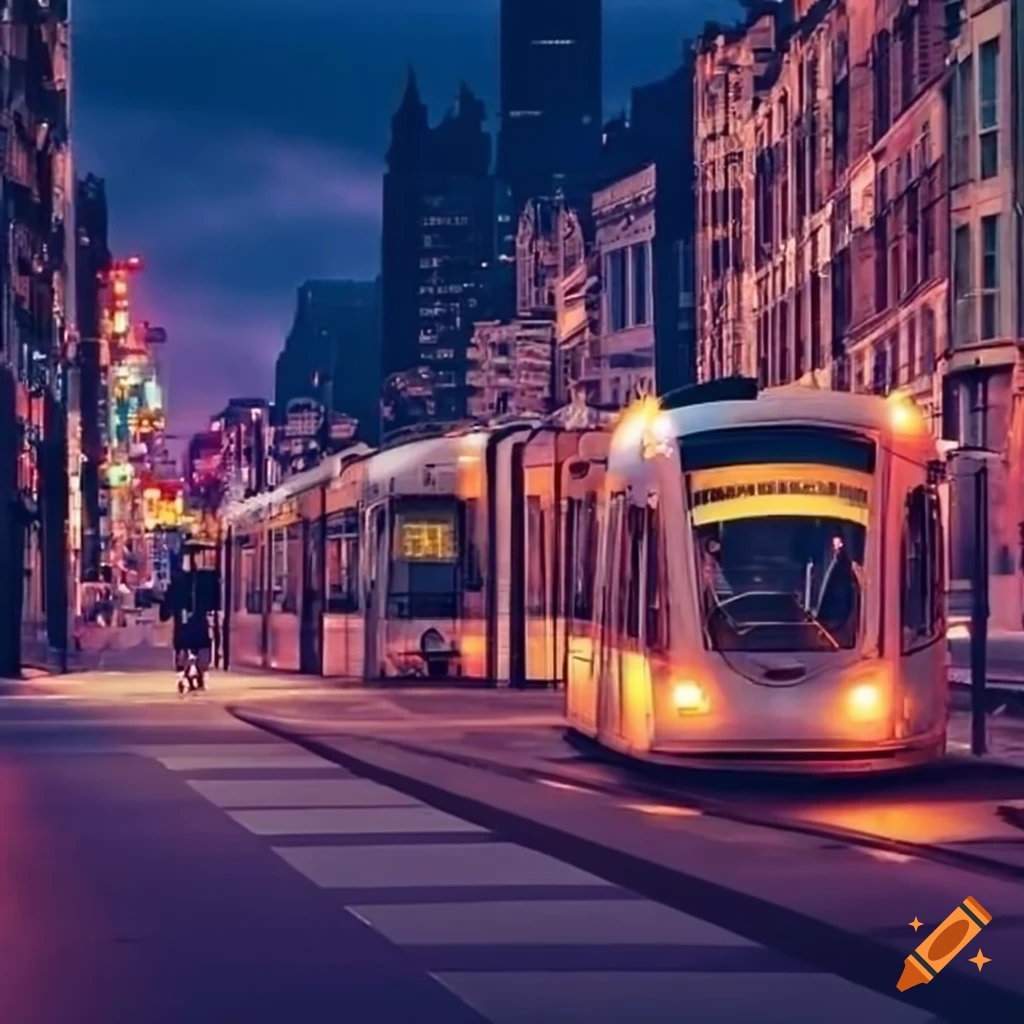 Urban scene with metro, bus, tramways, bikes, and ferries