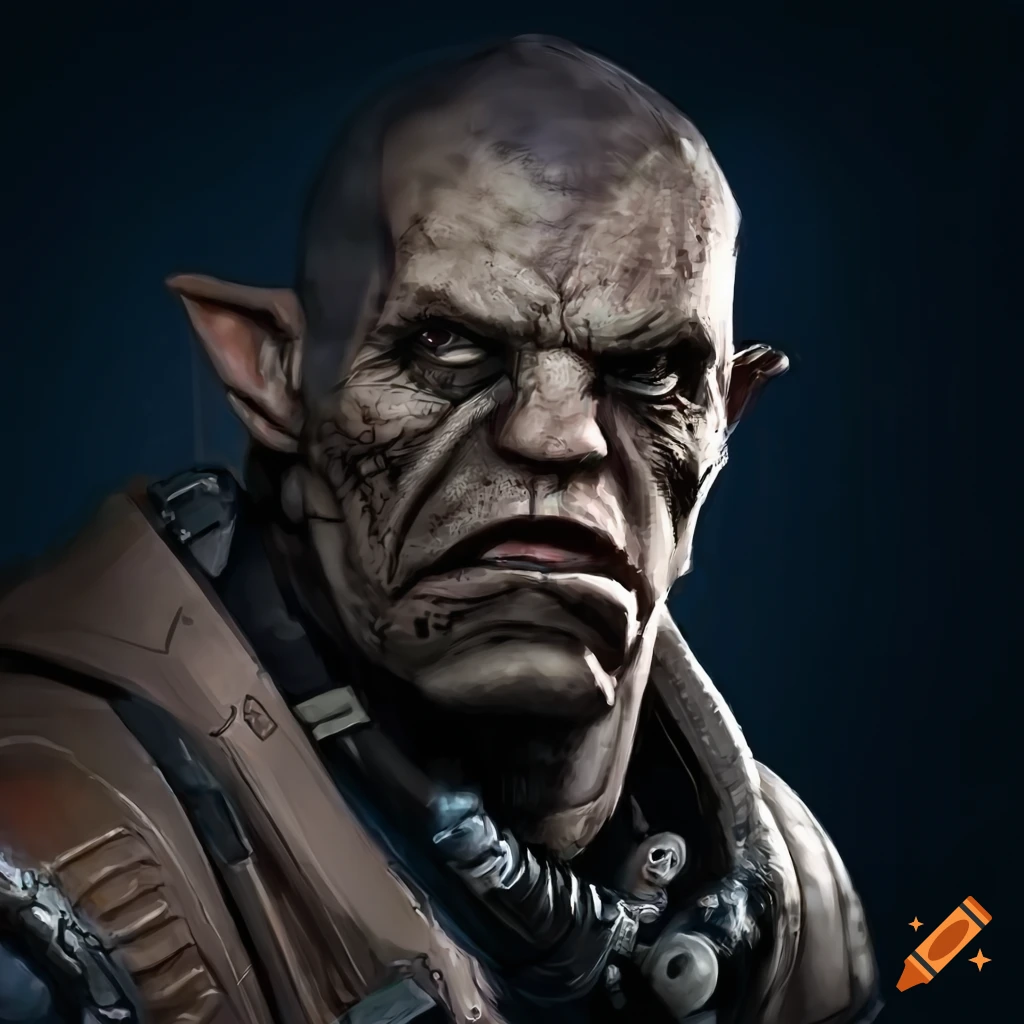 Cyberpunk style portrait of an orc with tusks in high detail