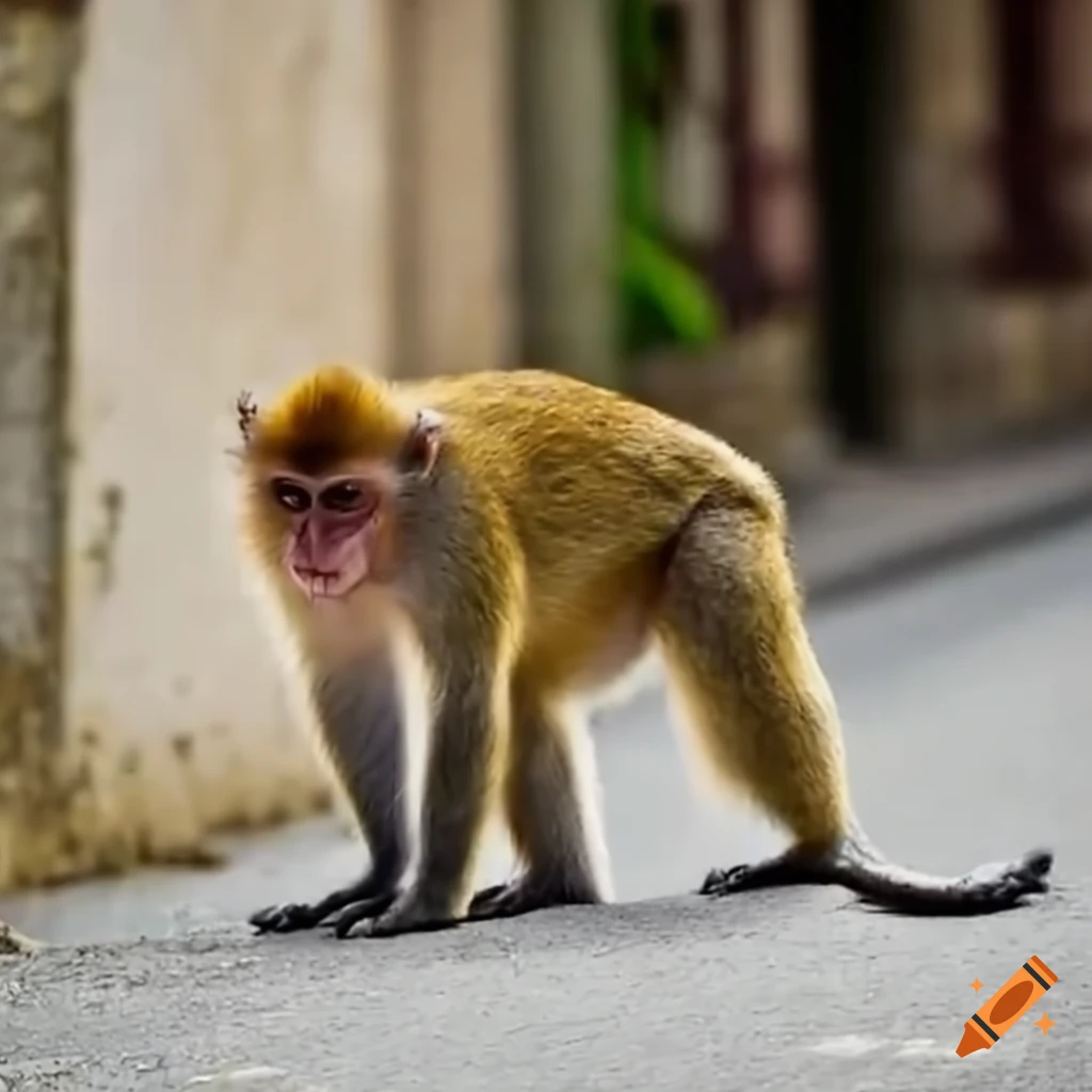 Monkey strolling through a charming French neighborhood