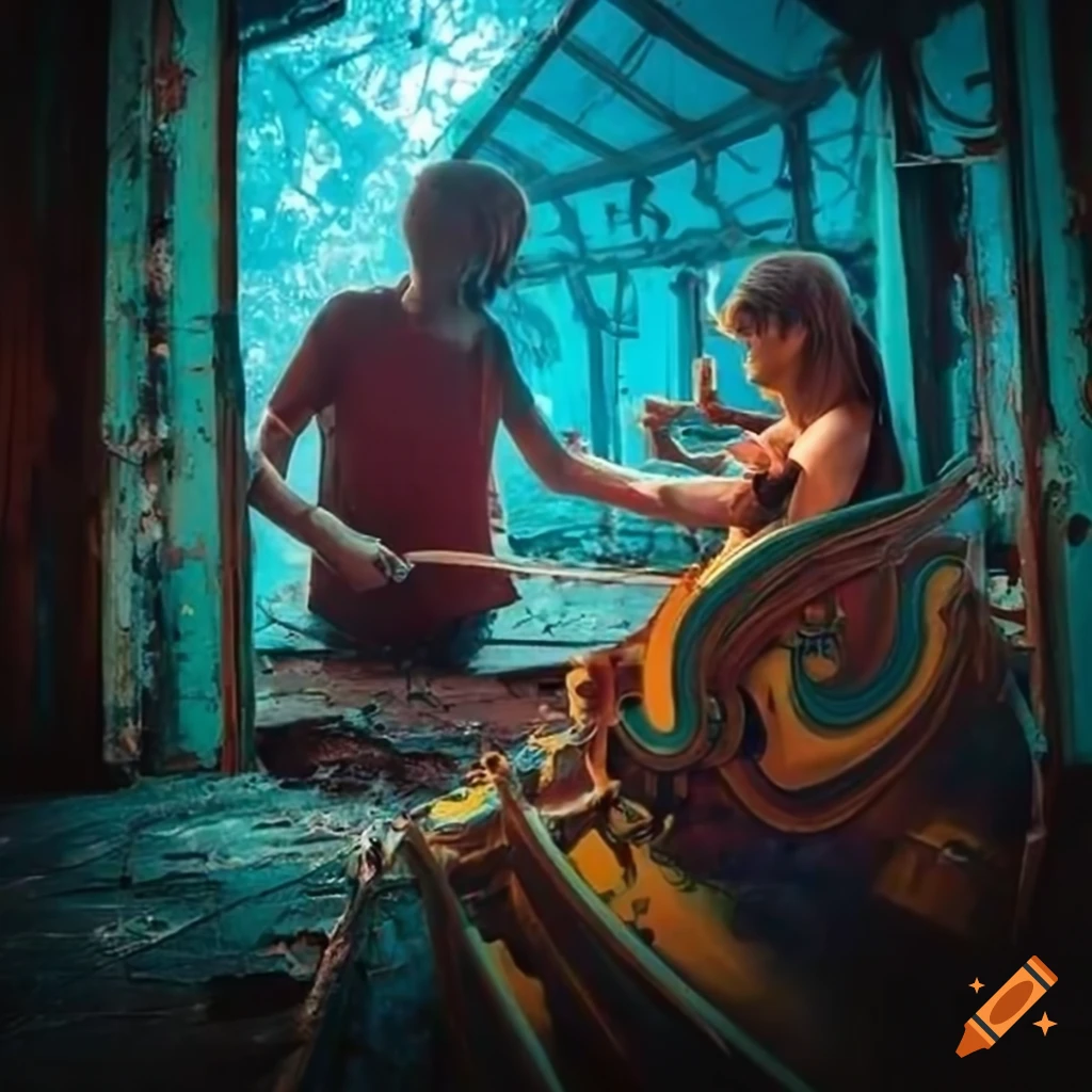 Man and woman repairing a colorful, old carousel in an abandoned amusement park