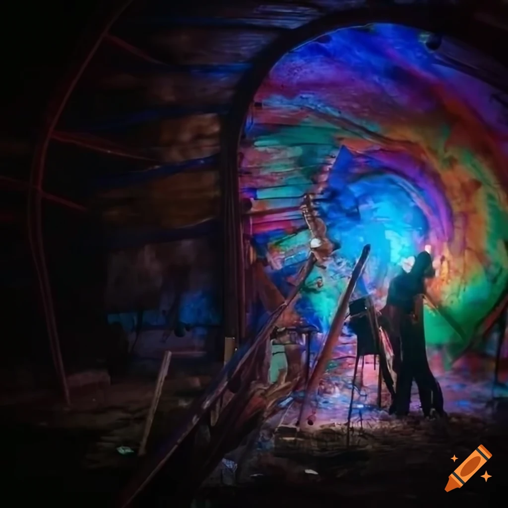 Man and woman repairing a colorful old carousel in an abandoned amusement park