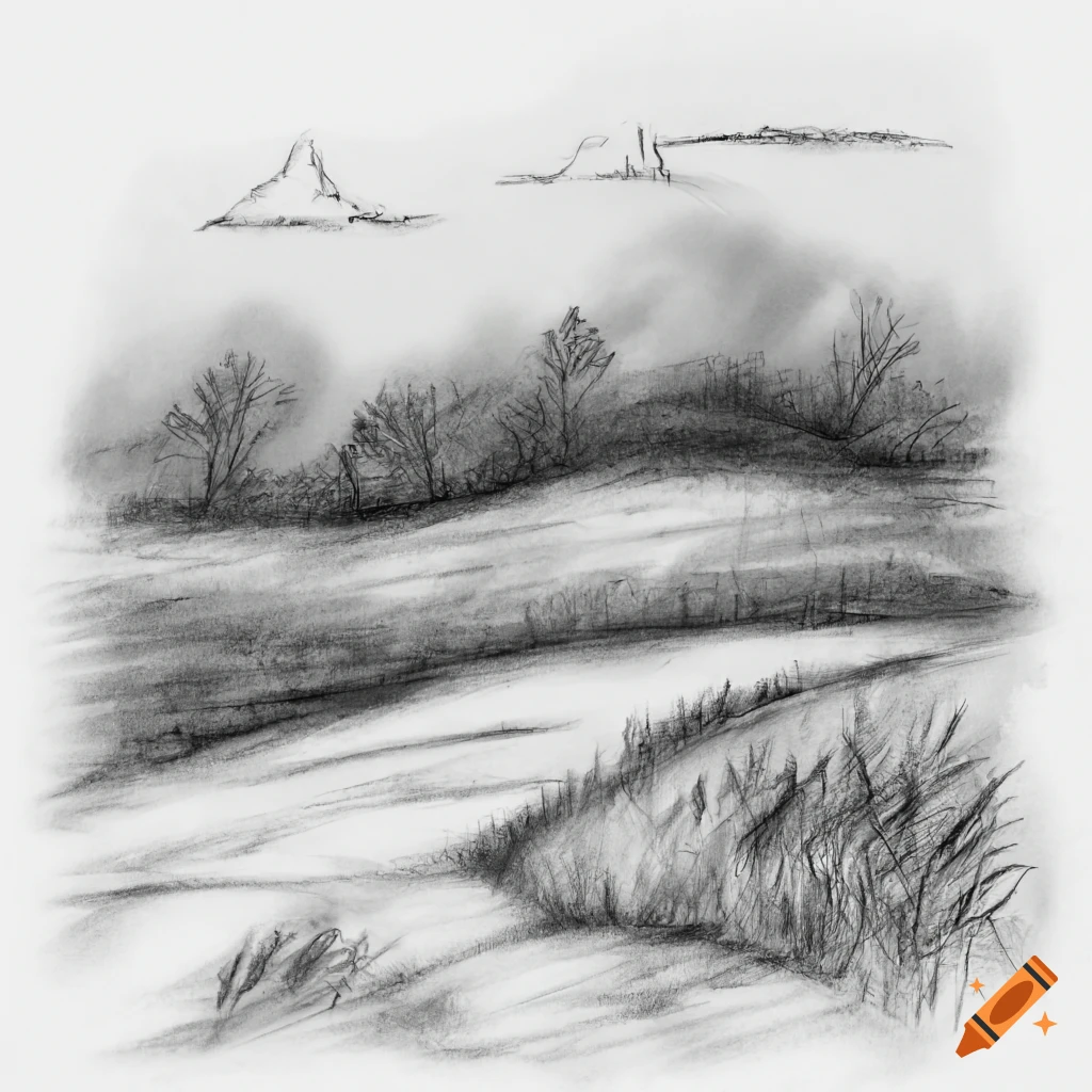 Landscape with hills, forest, sky, and sun with an old man on a path, charcoal drawing