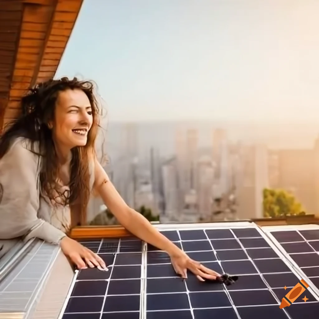 Happy woman on a balcony with solar panels