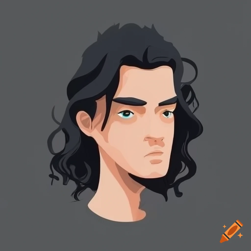 Cartoon avatar of a man with black, wavy hair and full arm tattoos in minimalist style