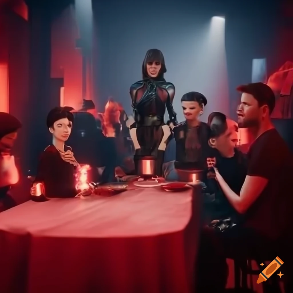 Sci-fi portrait of Thomasin McKenzie with a group of men in a futuristic night club